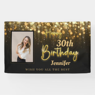 Personalized Gold Glossy Happy Birthday Black Banner