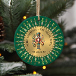 Personalized Gold Green Christmas Nutcracker Ceramic Ornament<br><div class="desc">Enhanced with a shimmering metallic gold background,  this festive Christmas nutcracker ornament stands out against a stunning gold diamond mandala design. Custom text in elegant black completes the luxurious holiday display.</div>