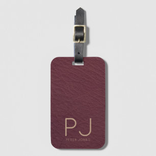 Personalized Gold Monogram Simple Burgundy Leather Luggage Tag