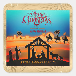 Personalized Gold Nativity "Merry Christmas" Square Sticker