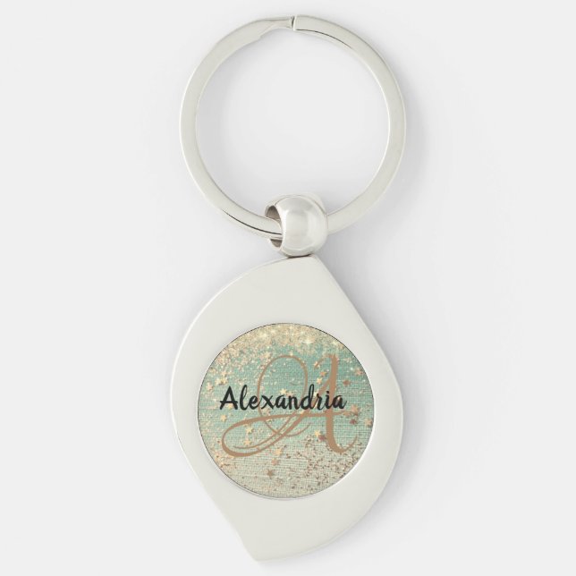 Personalized Gold Stars on Sea Green   Key Ring (Front)