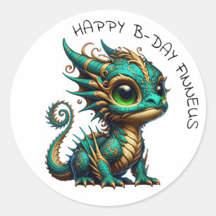 Personalized Gold Teal Dragon Boy's Birthday  Classic Round Sticker