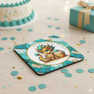 Personalized Gold Teal Dragon Boy's Birthday Party Square Paper Coaster