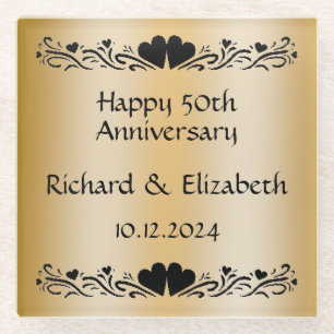 Personalized Golden 50th Wedding Anniversary Gift Glass Coaster