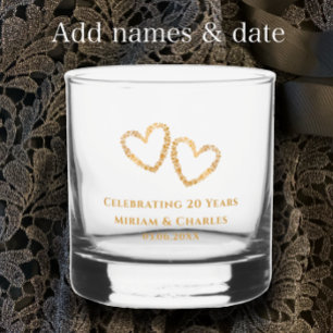 Personalized Golden Heart 20th Wedding Anniversary Whiskey Glass