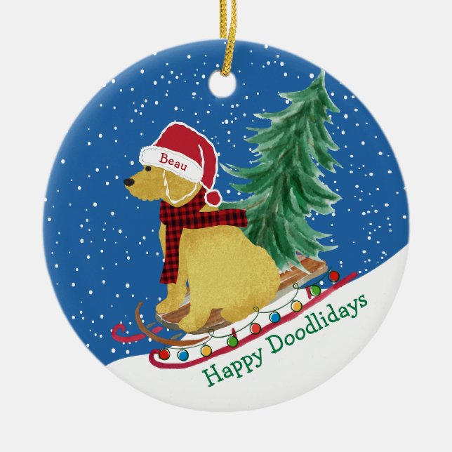 Personalized Goldendoodle Christmas Snow Sled Ceramic Ornament (Front)