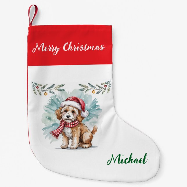 Personalized Goldendoodle Dog in Santa Hat  Small Christmas Stocking (Front)