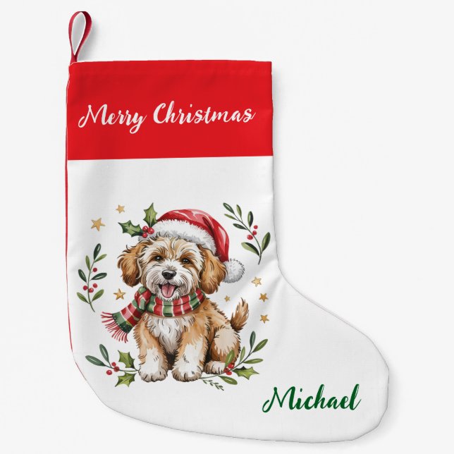 Personalized Goldendoodle Dog in Santa Hat  Small Christmas Stocking (Front)