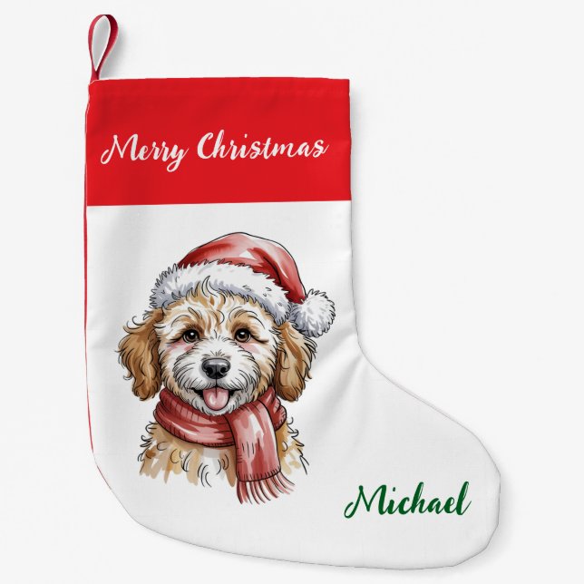 Personalized Goldendoodle Dog in Santa Hat  Small Christmas Stocking (Front)