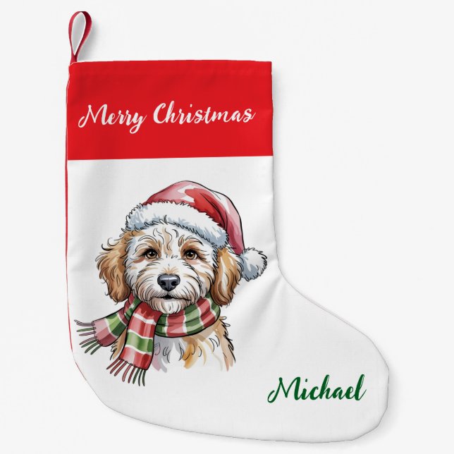 Personalized Goldendoodle Dog in Santa Hat  Small Christmas Stocking (Front)