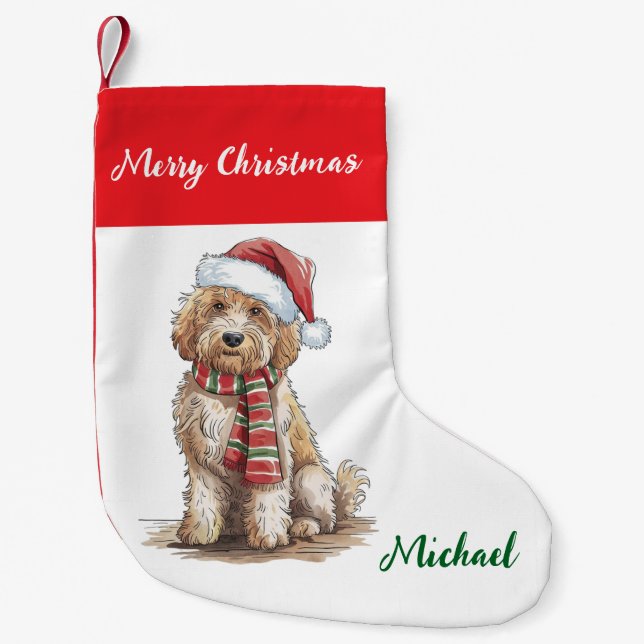 Personalized Goldendoodle Dog in Santa Hat  Small Christmas Stocking (Front)