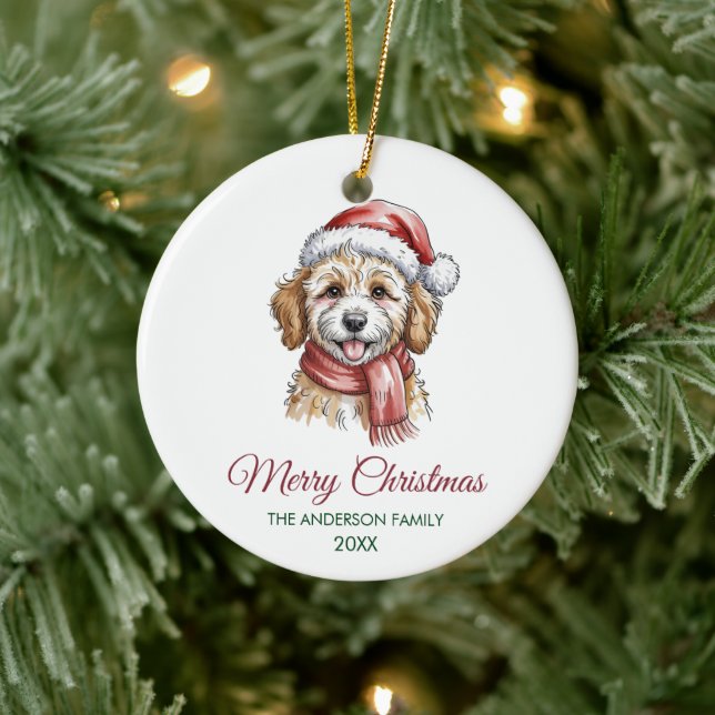 Personalized Goldendoodle Dog Santa Hat Christmas  Ceramic Ornament (Tree)
