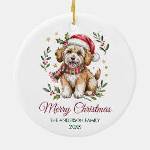 Personalized Goldendoodle Dog Santa Hat Christmas Ceramic Ornament
