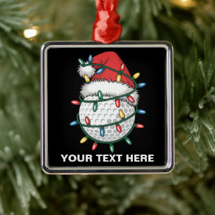 Personalized Golf Ball Santa Hat Christmas Lights Metal Ornament