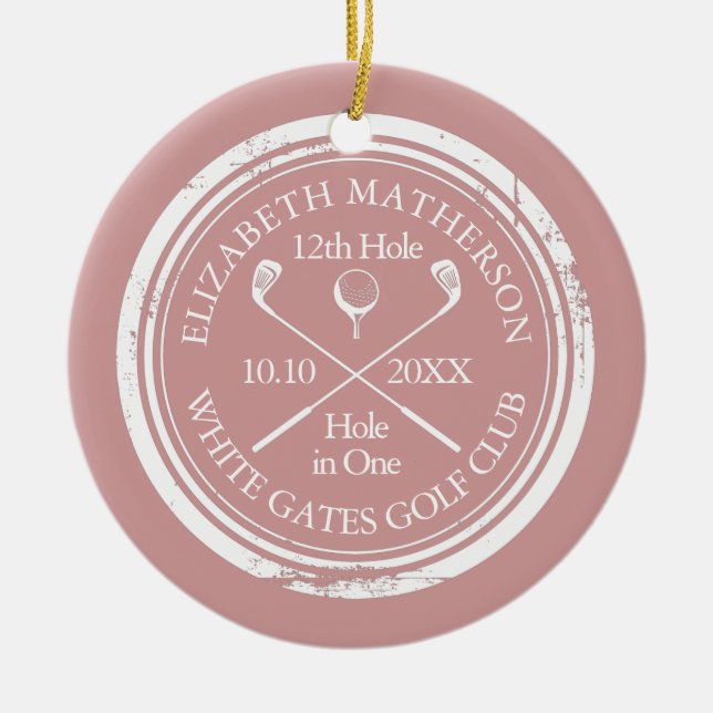 Personalized Golf Hole in One Keepsake Pink Ceramic Ornament (Front)