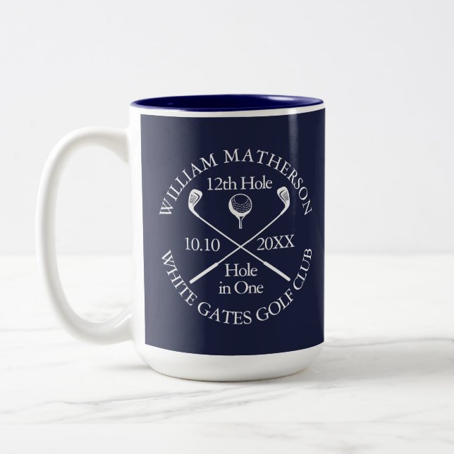 Personalized Golf Hole in One Navy Blue Two-Tone Coffee Mug (Left)