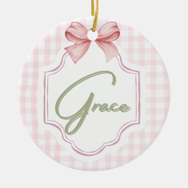 Personalized Grace Baby Girl Nursery Bow&Gingham Ceramic Ornament (Front)
