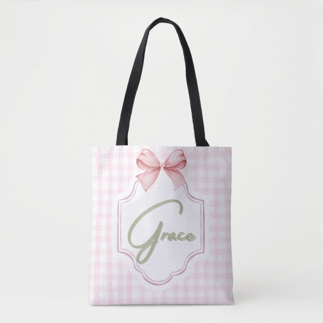 Personalized Grace Baby Girl Nursery Bow&Gingham Tote Bag (Front)