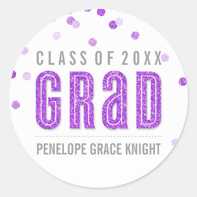 PERSONALIZED GRAD STICKER confetti glitter purple (Front)