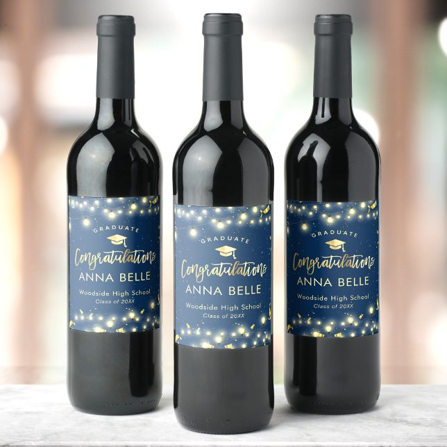 Personalized Graduation Custom Gold Navy Blue Wine Label (Creator Uploaded)