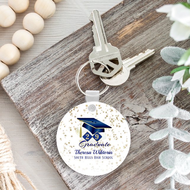 Personalized Graduation Party Blue Gold Classic Key Ring (Personalized Graduation Party Blue Gold Classic Keychain)