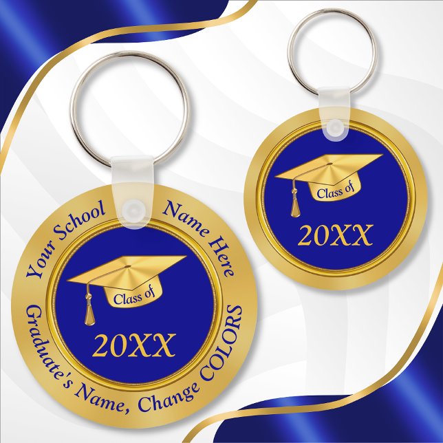 Personalized Graduation Party Favors, Text, Colors Key Ring (Blue and Gold Personalized, Cheap Class Reunion Gift Ideas. High School Reunion Favors. 2004, 2014)