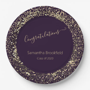 Personalized Graduation Purple  Gold Glitter Paper Plate
