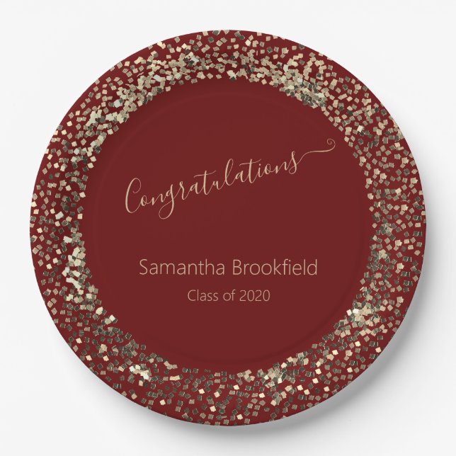 Personalized Graduation Red Gold Glitter Paper Plate (Front)