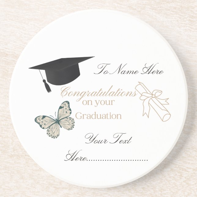 Personalized Graduation with Butterflies and Hat Coaster (Front)