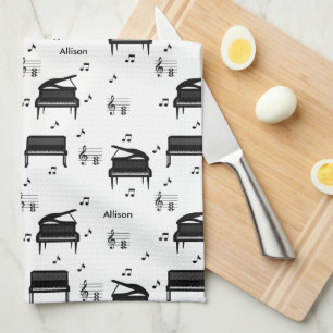 Personalized Grand Piano and Music Notes Pattern Tea Towel