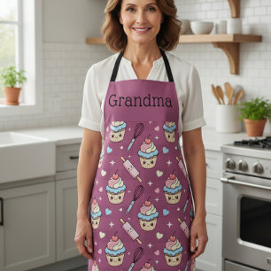 Personalized Grandma Apron Kawaii Pink BlueCupcake