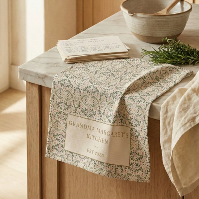 Personalized Grandma Kitchen Gift Botanical Green Tea Towel (Creator Uploaded)