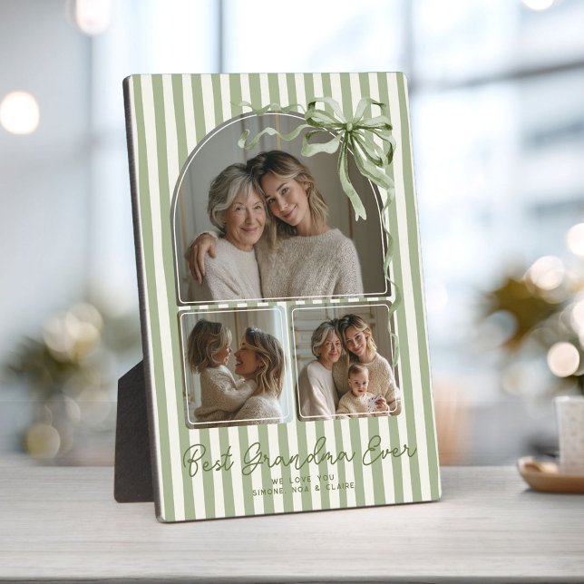 Personalized Grandma Sage Green Photo Keepsake Bow Plaque (Sage green personalized Best Grandma Ever photo plaque with family photos)