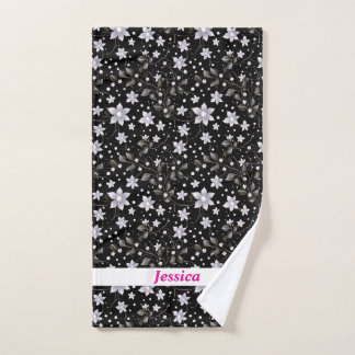 Personalized Gray and Black Flower Pattern Hand Towel