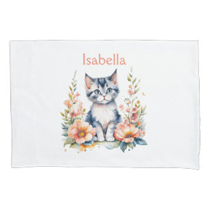 Personalized Gray Kitten in Pink Flowers Pillowcase