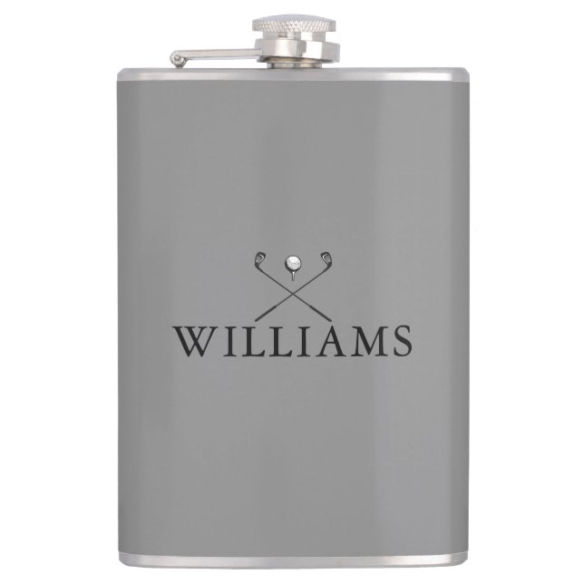 Personalized Gray Name Golf Clubs Hip Flask (Front)
