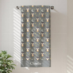 Personalized Gray Owl Kids Bath Towel
