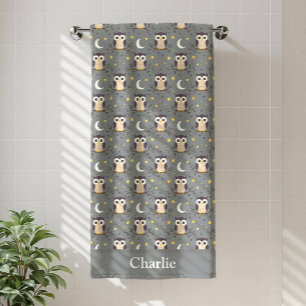 Personalized Gray Owl Kids Beach Towel
