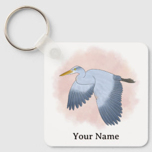 Personalized Great Blue Heron Pink Background Key Ring