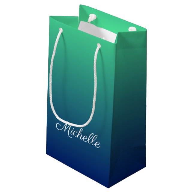 Personalized green and blue ombre small gift bag (Back Angled)