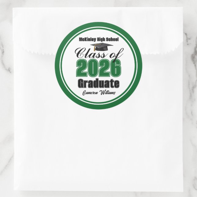 Personalized Green Class of 2026 Graduation Party Classic Round Sticker (Bag)