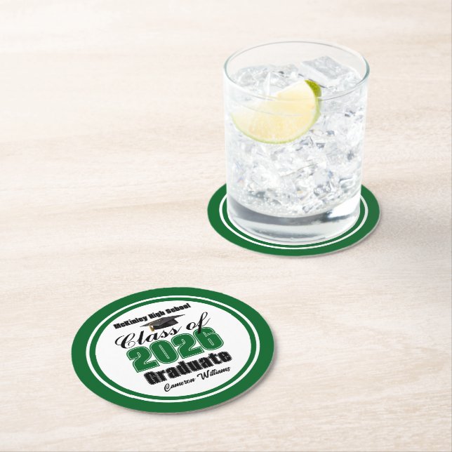 Personalized Green Class of 2026 Graduation Party Round Paper Coaster (Insitu)