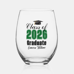 Personalized Green Class of 2026 Graduation Stemless Wine Glass