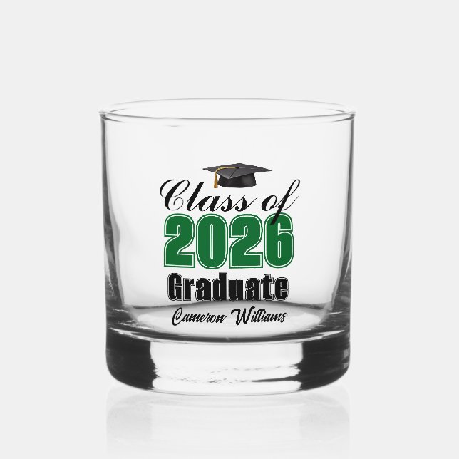 Personalized Green Class of 2026 Graduation Whiskey Glass (Front)