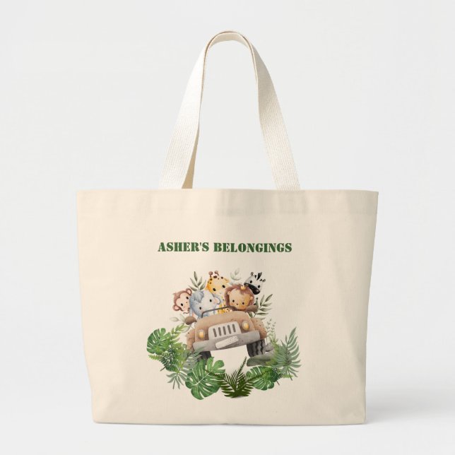 Personalized Green Cute Jungle Safari Multipurpose Large Tote Bag (Front)
