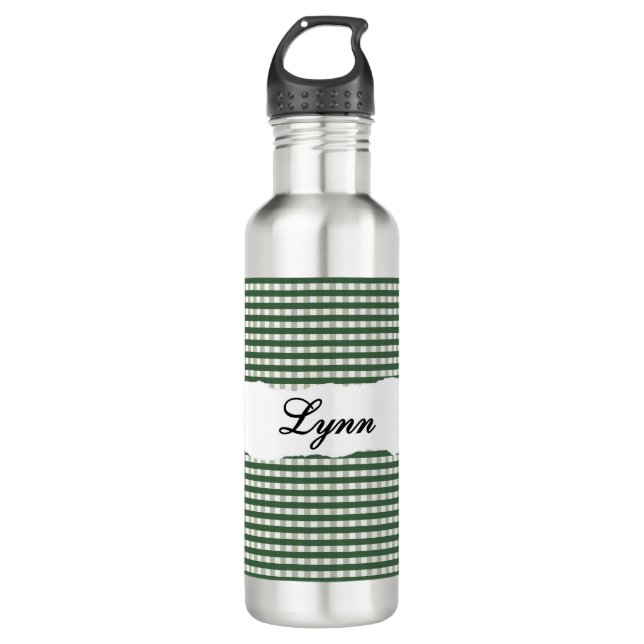 Personalized Green Gingham Pattern & Custom Name 710 Ml Water Bottle (Front)