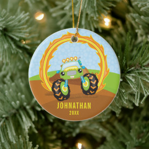 Personalized Green Monster Truck Boy Christmas Ceramic Ornament