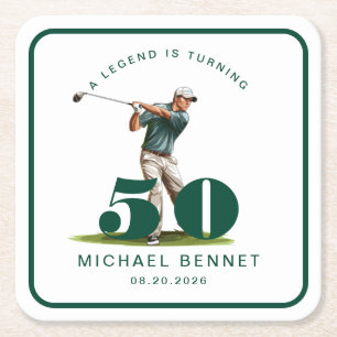 Personalized Green Sports Golf 50th Birthday Square Paper Coaster