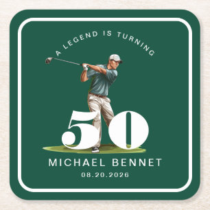 Personalized Green Sports Golf 50th Birthday Square Paper Coaster