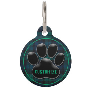 Personalized Green Tartan Black Paw Print Pet Tag
